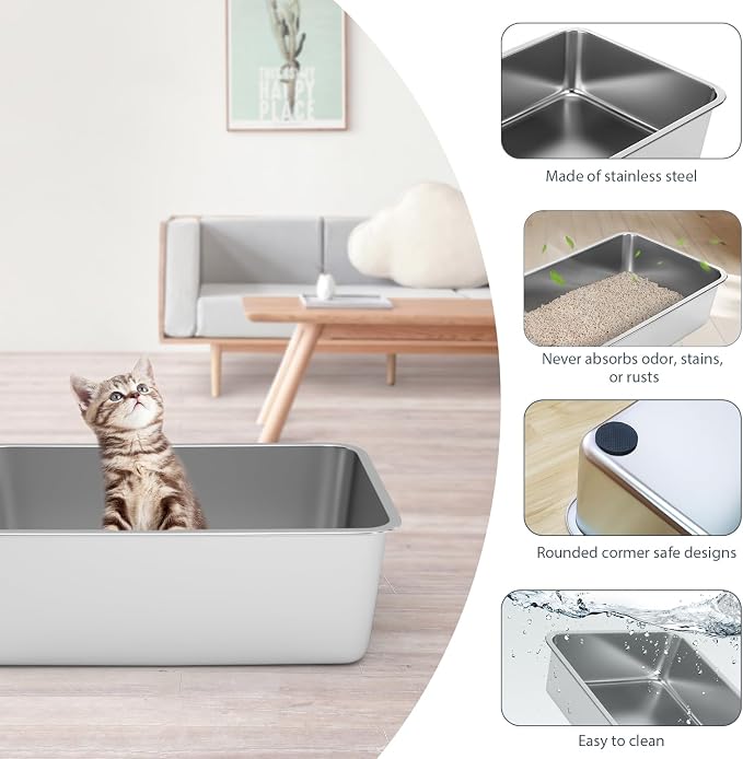 WENBOKMIN Stainless Steel Litter Box - Cat Litter Box Easy to Clean, Never Absorbs Odor, Stains, or Rusts - Silver (17.7" L x 13.5" W x 6" H)