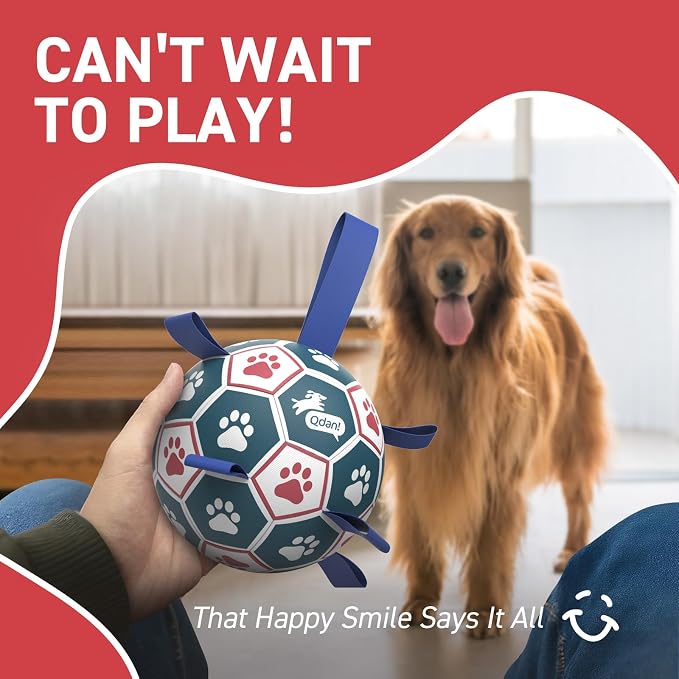 QDAN Large Dog Toys, 8 Inch Durable Balls for Dogs, Soccer Ball with Straps | Outdoor Herding Balls for 30-90 lbs Aggressive Chewers, Interactive Soccer Toy for Tug of War, Dog Ball to Keep Them Busy