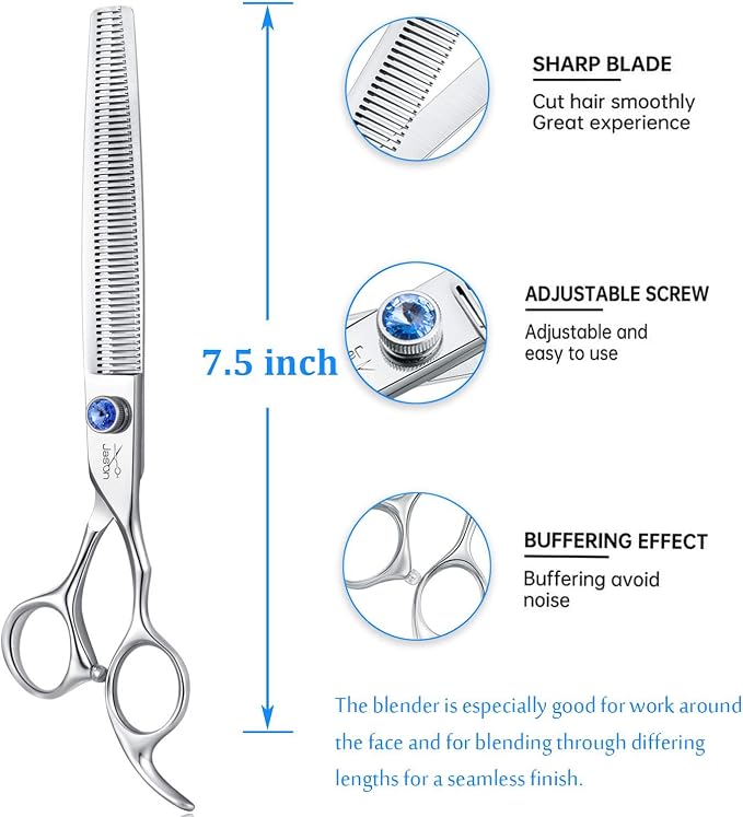 JASON Dogs Grooming Thinning Scissors - 7.5" 56-Tooth Blending Cats Shears | Pets Blender Thinner Trimming Texturizing Kit with Offset Handle, Blue Jewelled Screw