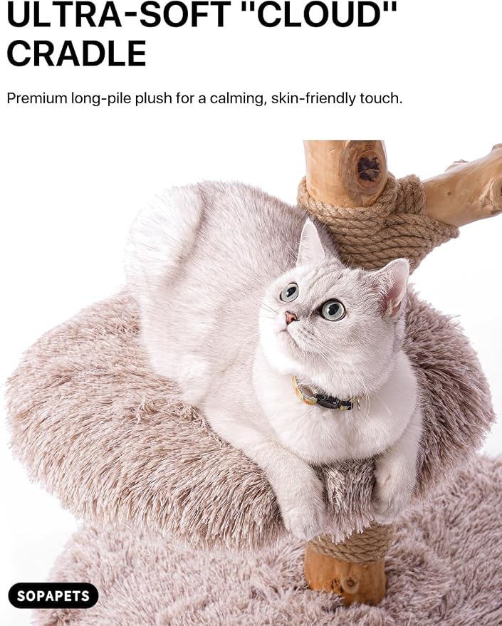 Sopapets Solid Wood Cat Tree for Large Cats, 41.3" Modern Cat Tower with Heavy Duty Real Branch & Hand-Woven Basket, Sisal Scratching Posts & Cozy Bed, Luxury Furniture for Indoor & Maine Coon, Beige