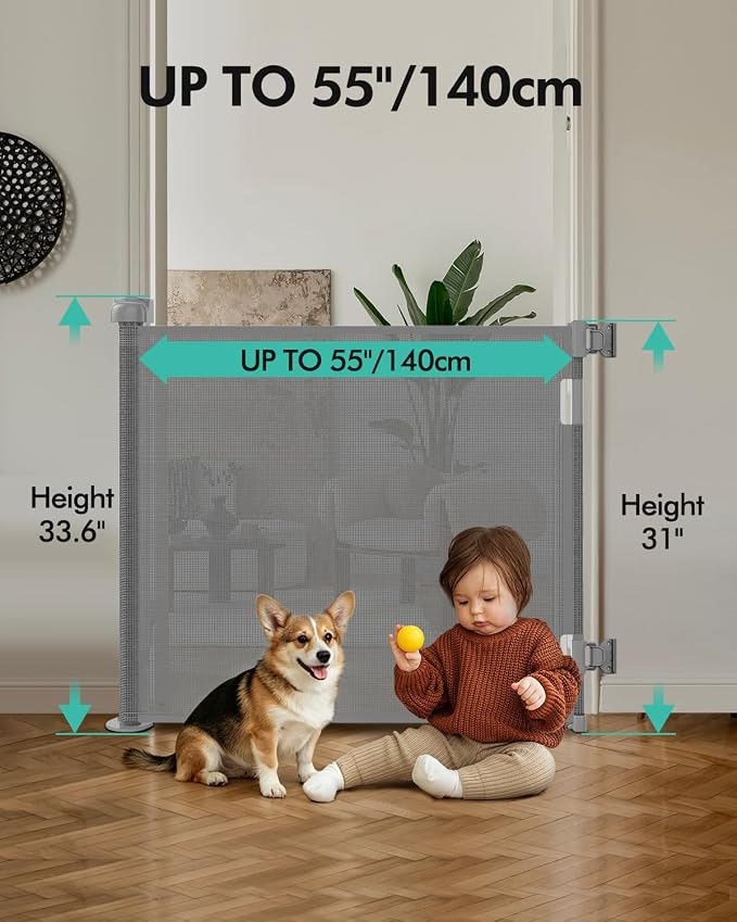 Retractable Baby Gates, Mesh Dog Gate for Doorways, 33.6" Tall, Expands to 55" Wide,Pet Safety Essential Fit for Baseboards, Wide Toddlers Gates for Hallways, Indoor & Outdoor,Grey