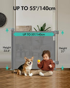 Retractable Baby Gates, Mesh Dog Gate for Doorways, 33.6" Tall, Expands to 55" Wide,Pet Safety Essential Fit for Baseboards, Wide Toddlers Gates for Hallways, Indoor & Outdoor,Grey