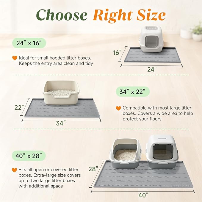 Songrey Silicone Cat Litter Mat 40" x 28", Large Litter Trapping Mat, Gray | Waterproof, Urine-Proof Litter Box Mat for Floor, Soft on Kitty Paws, Easy To Clean, Cat Supplies, Pet Feeding Mat