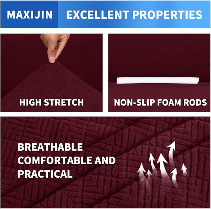 MAXIJIN Couch Covers for 3 Cushion Couch Sofa (71"-91"), 1-Piece Stretch Sofa Cover Slipcover Furniture Protector with Elastic Bottom for Kids,Dogs (Large, Diamond Pattern Wine Red)