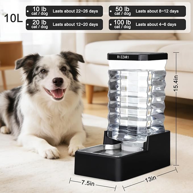 RIZZARI 10L Large Capacity Gravity Dog Water Dispenser- Dog Water Bowl | Dishwasher Safe Bowl,Multi-Day Water Storage,Large BreedFriendly,Travel & Workday Ready,Consistent Water Access