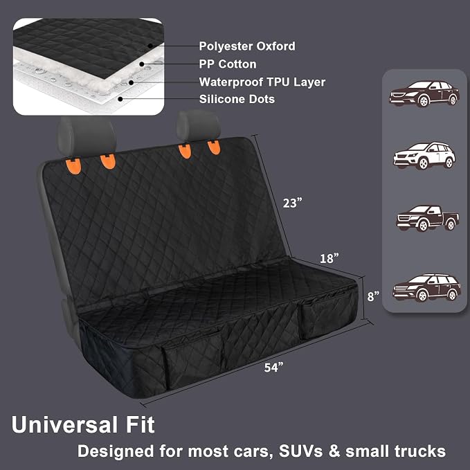 Dog Car Seat Cover for Back Seat, Waterproof and Non-Slip, Heavy-Duty Pet Seat Protector with Full Protection for Rear Bench on Cars SUVs Small Trucks (Black, Standard Back)