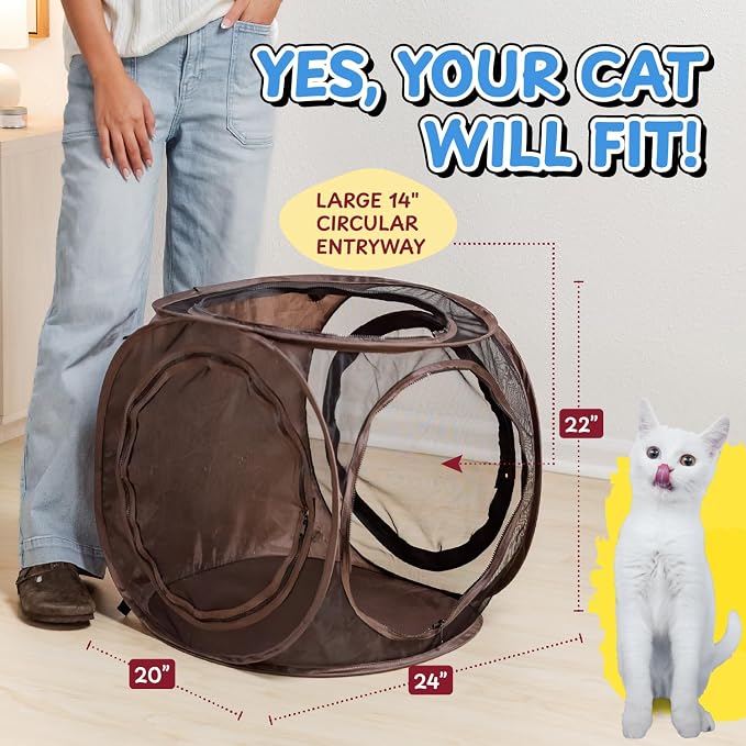 Pop Up Cat Tent Cube 24x22x20” – Indoor/Outdoor Cat Play Tent with Mesh Sides & 14” Entry – Connects to Cat Tunnel – Foldable Cat House + Bonus Snarky Cat™ Digital Sticker & GIF Pack