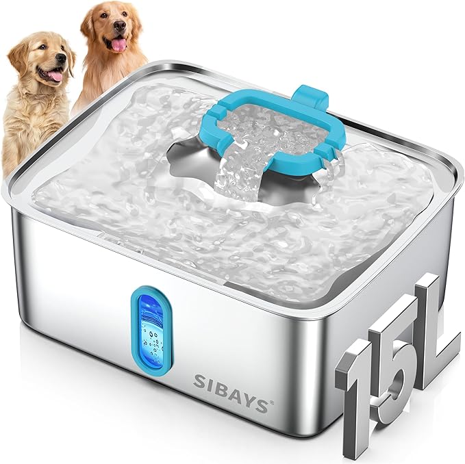 SIBAYS 4Gal/15L Large Dog Water Fountain, Stainless Steel Pet Water Fountain with Water Level Window and LED Light, Ultra Quiet Automatic Dog Water Bowl Dispenser, Easy to Clean(FS78, Silver-Blue)