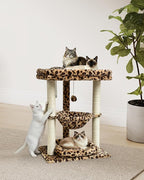 SYANDLVY Leopard Print Small Cat Tree with Top Perch, Hammock & Bottom Bed | 3 Level, Natural Sisal Scratching Post Tower with Hanging Bell Ball and Anti-Tip Strap, Stable Indoor Cat Furniture