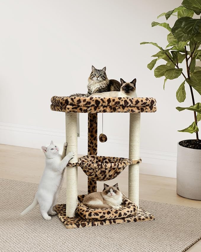 SYANDLVY Leopard Print Small Cat Tree with Top Perch, Hammock & Bottom Bed | 3 Level, Natural Sisal Scratching Post Tower with Hanging Bell Ball and Anti-Tip Strap, Stable Indoor Cat Furniture