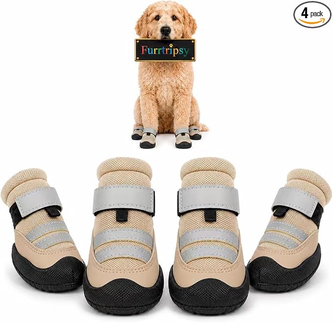 Dog Boots, Waterproof Dog Shoes with Reflective Straps, Rugged Anti-Slip Sole Paw Protectors for Medium Large Dogs, Breathable Pet Booties for Hot Pavement, Snow, Hiking, 4Pcs