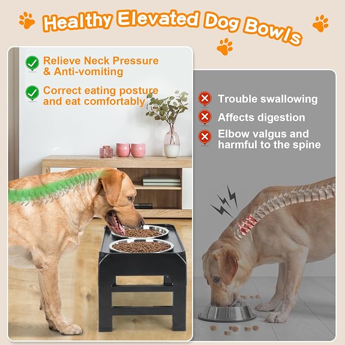 COMESOON Elevated Dog Bowls, 4 Height Adjustable Raised Bowl Stand with 2 Thick 50oz Stainless Steel Food Bowls Non-Slip Feeder Adjusts to 3.7'', 9.2'', 10.75'', 12.36'' Black, (DB-W01)