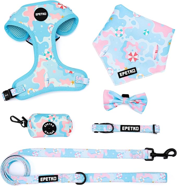 Small Dog Harness and Leash Set of 6, No Pull Soft Lightweight Mesh Puppy Harness， Adjustable Cute Floral Pattern Pet Harness for Small Medium Dogs (Blue Sea, S)