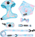 Small Dog Harness and Leash Set of 6, No Pull Soft Lightweight Mesh Puppy Harness， Adjustable Cute Floral Pattern Pet Harness for Small Medium Dogs (Blue Sea, L)