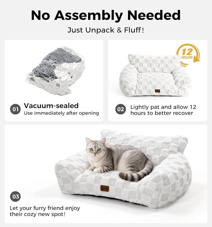 Made4Pets Cat and Dog Indoor Couch Bed, Soft Faux Fur Checkered Pet Sofa, Cozy Fluffy Pet Sofa with Supportive Foam, Removable Washable Cover with Non-Slip Base, Grey, Medium