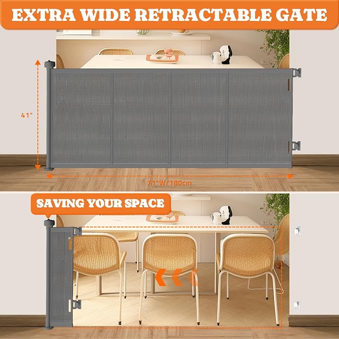 Pawtners Retractable Baby Gates, 41" Tall Extends up to 71" Wide, Gray | Extra Wide Dog Gate Indoor with for Stairs, Pet Gate with Support Rods for Doorways Hallways Indoor & Outdoor