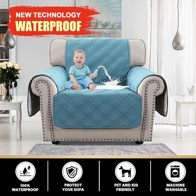 100% Waterproof Chair Sofa Slipcover for Living Room Water Resistant Couch Cover Furniture Protector Cover with Elastic Straps for Pets Kids Children Dog Cat(Chair 23", Smoke Blue)