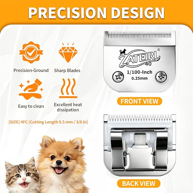 Size 40 Detachable Pet Grooming Clipper Blade with Ceramic Cutter, 0.25mm 1/100 Inch Cut Length, Silver, Compatible with Andis, Oster A5, Wahl KM10, 3 Pack