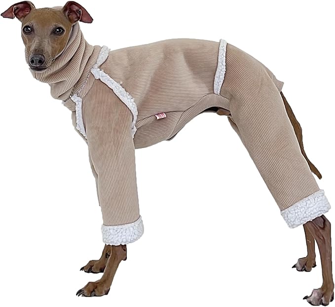 D Doggy Star Italian Greyhound Cold Weather Coat Warm Fleece Corduroy Sweater Turtleneck Onesie Clothes Whippet for Dog (S,Corduroy Beige)