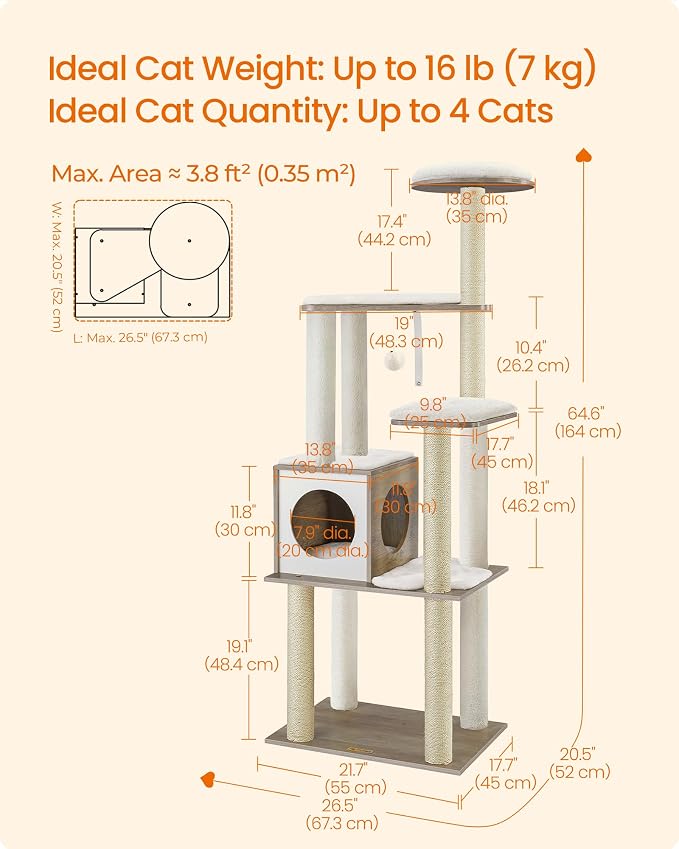 Feandrea Cat Tree, 64.6-Inch Modern Cat Tower, Multi-Level Condo with 5 Scratching Posts, Perch, Washable Removable Cushions, Cave, Heather Greige UPCT166G01
