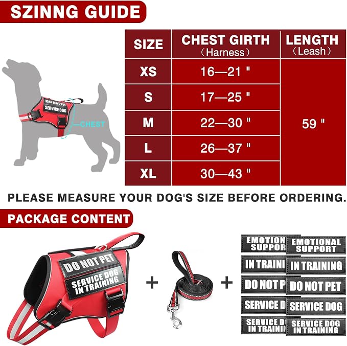 Service Dog Vest Harness and Leash Set+10 Patches,No Pull&Adjustable Reflective Dog Harness with Soft Padded Handle for Training/Everyday,Fit Small/Medium/Large/Extra-Large Dogs(Red XL) | No Pull&Adjustable Reflective Service Dog Harness Large Sized,Do...