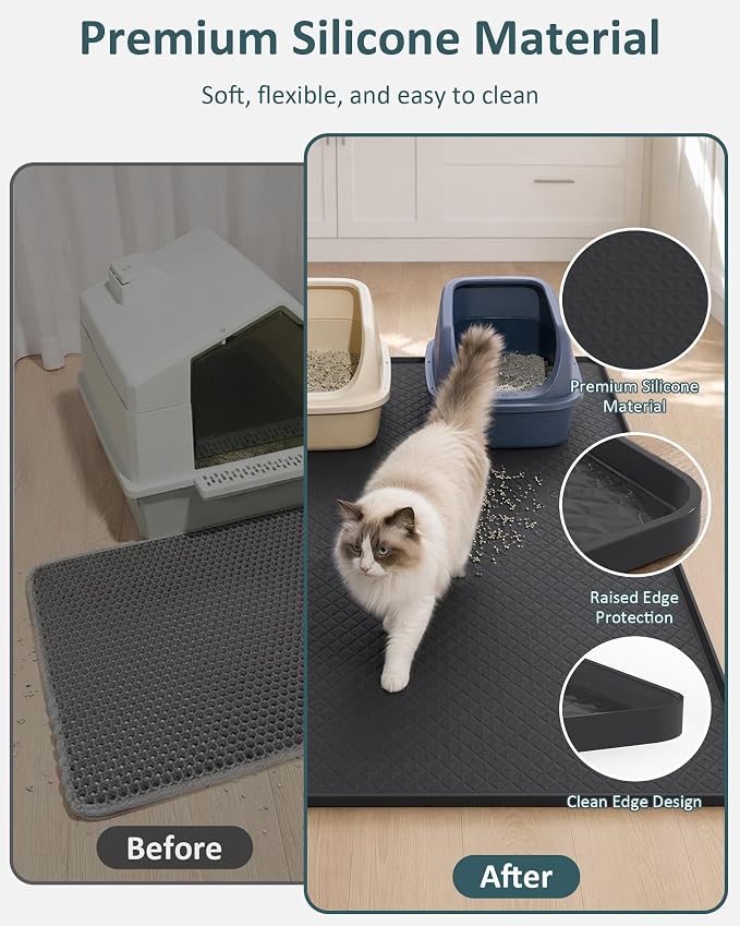 Extra Large Cat Litter Mat, Waterproof Litter Mat, 51.2 x 25.6 in | Silicone, Raised Edge Desgin, Waterproof, Traps Litter Water Dirt, Easy Clean Non Slip Floor Protector