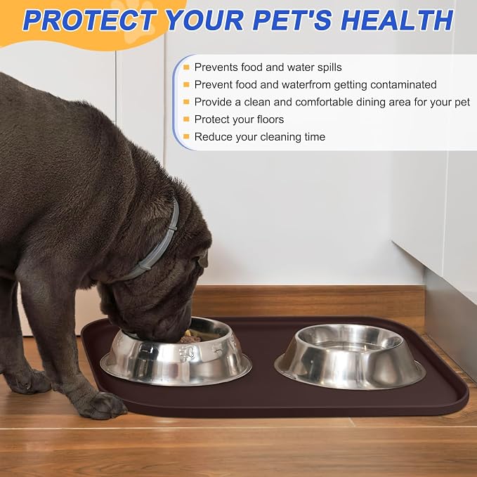 SMILOOL Silicone Pet Food Mat with Raised Edge for Food and Water Bowl, Dog Feeding Mats, Cat Food Trays for Floor Waterproof, Rubber Tray for Dogs and Cats, 19 x 12 x 0.7 Dark Brown
