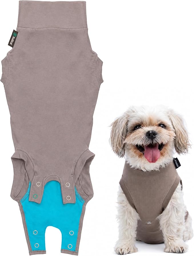 Suitical - The Original Dog Surgery Recovery Suit - Replace E-Collar & Cone - Spay, Neuter, Wounds, Prevent Licking - XSmall - Neck to Tail 15.7-17.7in - Chest 18-24in - Weight 18-28lbs Sandstone Grey