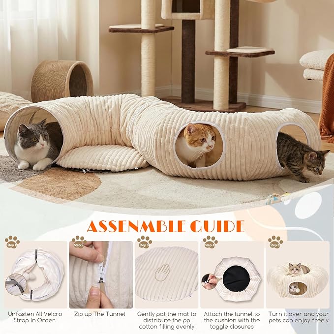 Cat Tunnel Bed with Interactive Cat Toys – 31.5" Large Collapsible Play Tunnels for Indoor Cats, Soft Plush Washable Hide & Seek Tube, Perfect for Small to Large Kittens and Adult Cats (White)