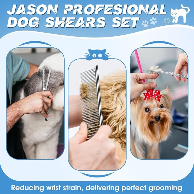 JASON Dog Grooming Scissors Set - Professional 6 in 1 Shears Kit Silver | 6.5" Thinning, 7" Straight, 7" Up-Curved, 7" Down-curved Shears and Comb for Dog Cat Pet, Gift