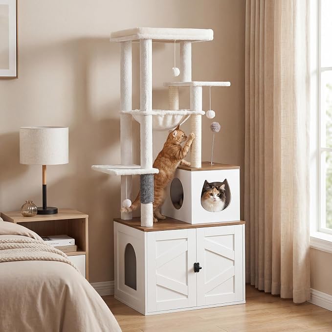 HOOBRO Cat Tree with Litter Box Enclosure, Tall Cat Tower for Indoor Cats | All-in-One Modern Cat Condo, Hidden Litter Box Enclosure Furniture, White and Walnut WH51MZ03