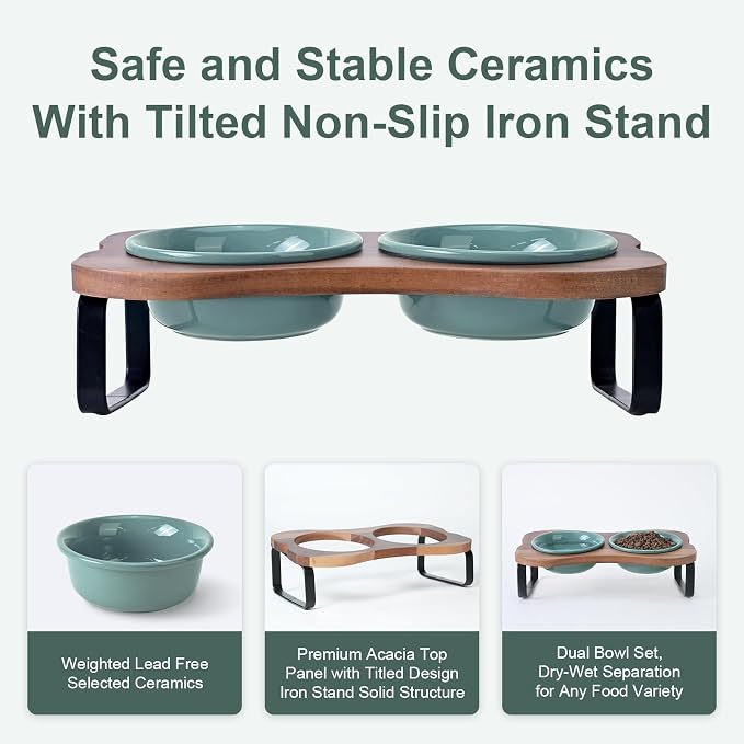SPUNKYJUNKY Ceramic Elevated Tilted Dog Bowls Bone-Shaped Raised with 2 Height Iron Stand, 4.9'' Dog and Cat Food Water Bowls Set Non-Slip for Puppy Kitten Small Sized Breed - 7 OZ,Dark Green