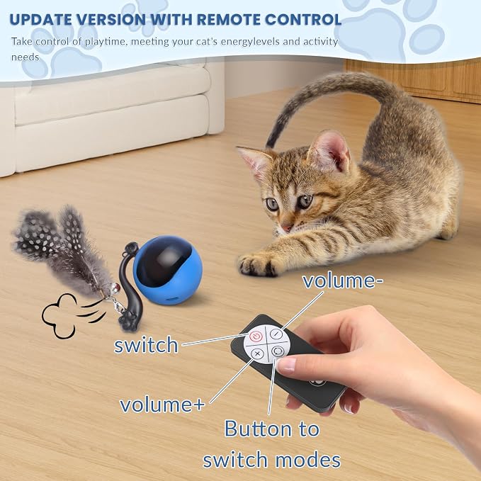 Interactive Cat Toy Ball, Automatic Self-Rolling Cat Toy with Feather Tail, Rechargeable Smart Cat Ball for Indoor Cats