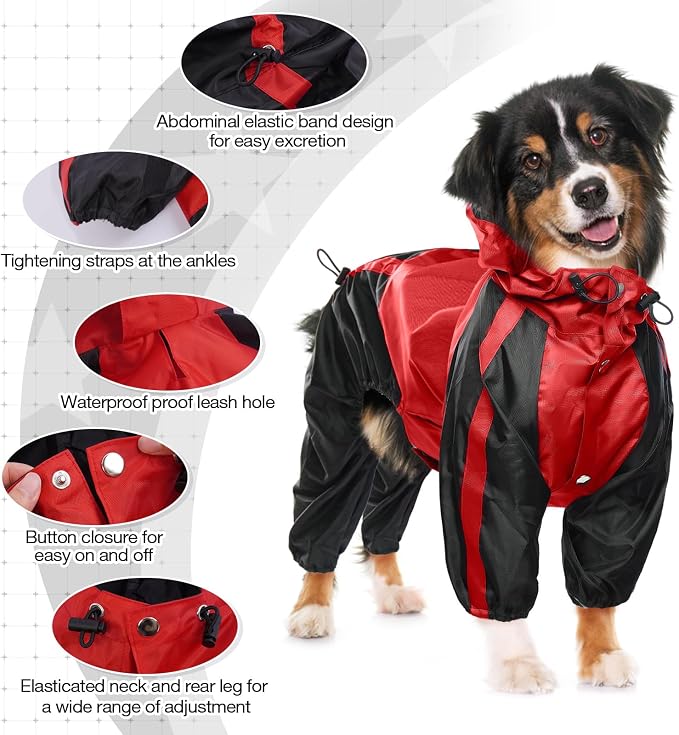 Dog Raincoat, 4 Leg Waterproof Dog Rain Jacket with Hood, Red M | Rain Coat For Small Dogs, Doggy Poncho With Leash Hole, Snap Buttons, For Rainy Snowy Weather Walks, Hiking, Camping