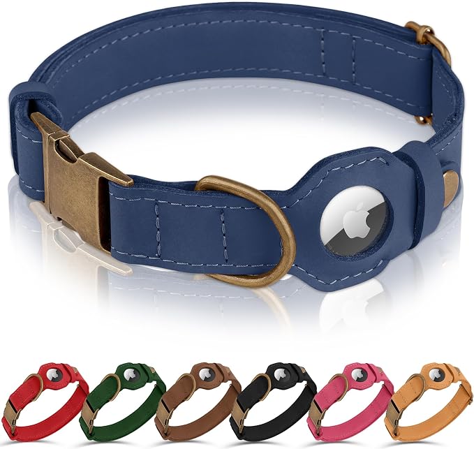 AirTag Dog Collar - Genuine Leather Dog Collar with Apple AirTag Holder and Metal Buckle - Smart GPS Tracking Pet Collars (Smoky Blue, S, 12"-15" Neck Fit) (Smoky Blue, XS, 9"-12" Neck Fit)