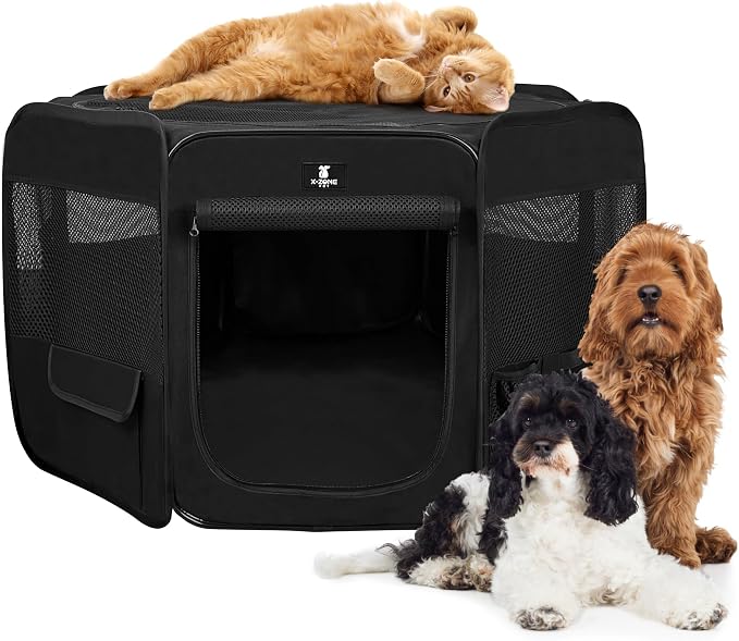X-ZONE PET Dog Playpen Portable Pet Play Pens for Puppies, Cat, Rabbit, Chicks, Foldable Exercise Play Tent Kennel Crate, Indoor/Outdoor Travel Camping Black Medium
