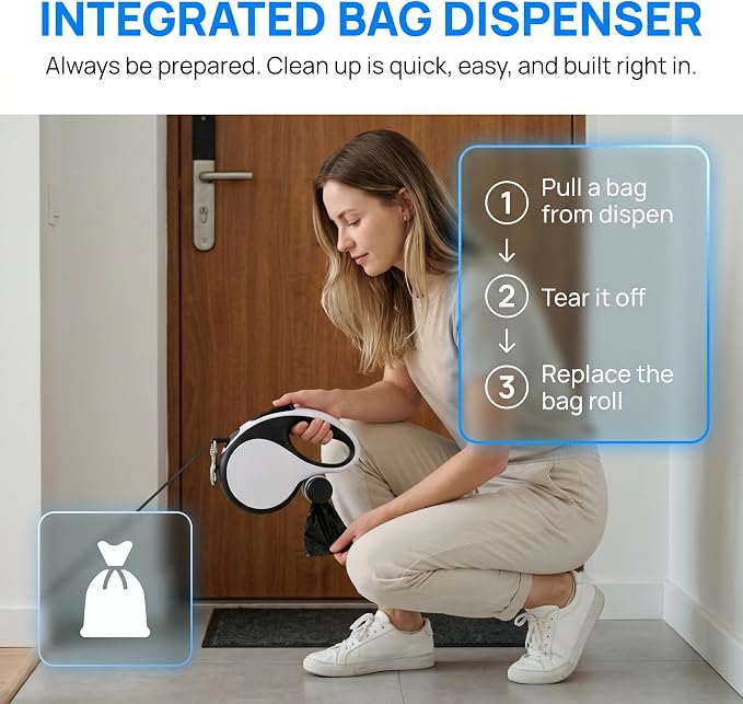 26ft Retractable Dog Leash Durable for Dog up to 110lbs, White | Automatic 8M Tangle-free Strong Nylon Leash for Large Dogs,Built-in Waste Bag Dispenser, One-hand Brake & Lock