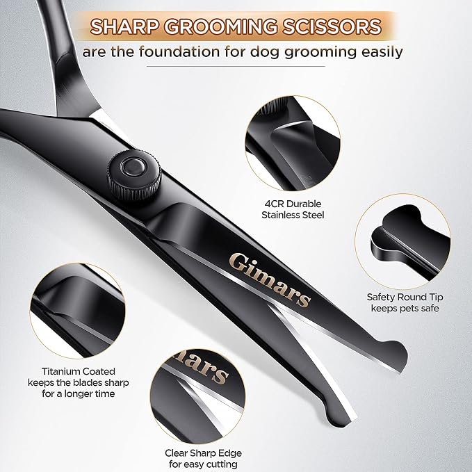 Gimars 7inch Professional 4CR Stainless Steel 6 in 1 Grooming Scissors for Dogs with Safety Round Tip, Heavy Duty Titanium Coated Pet Grooming Scissor for Dogs, Cats and Other Animals