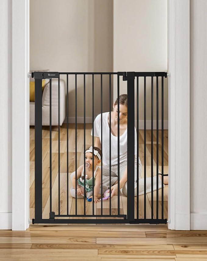 COMOMY 42" Extra Tall Baby Gate for Stairs Doorways, Fits Openings 29.5" to 40.6" Wide, Auto Close Sturdy Safety Dog Gate for House, Pressure Mounted Easy Walk Through Pet Gate with Door, Black