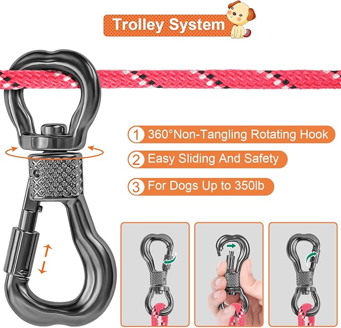 XiaZ Dog Tie Out Cable for Camping, 100ft Portable Overhead Trolley System for Dogs up to 200lbs，Dog Lead for Yard, Camping, Parks, Outdoor Events,5 min Set-up