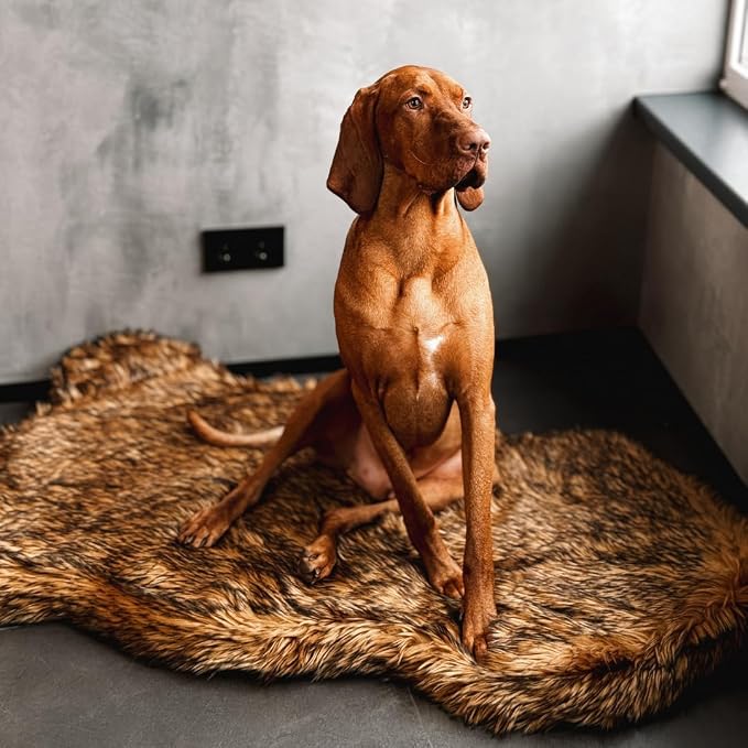 Faux Fur Orthopedic Dog Bed, Memory Foam, Brown 50"x30" | Plush Washable Dog Rug with Waterproof Machine Washable Cover, Calming for Anxious Senior Dogs, Relieves Joints