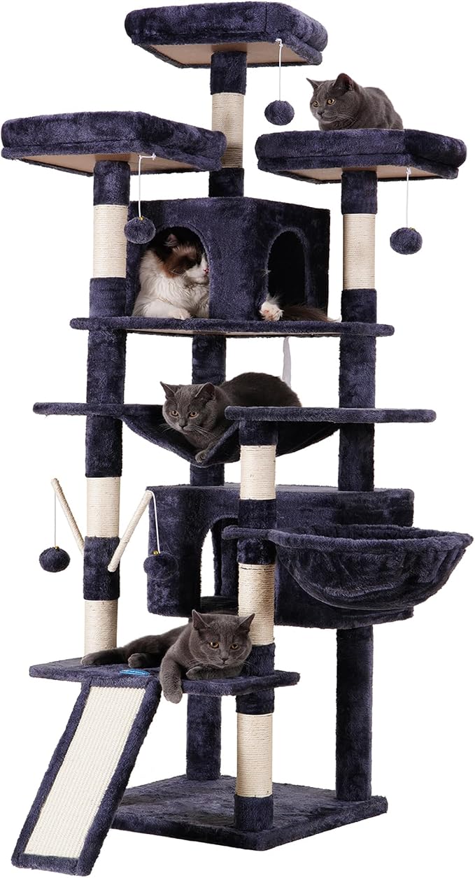 Hey-brother Cat Tree Tower with Stable Multi-Level Padded Perches, MPJ034G | 71 Inches Large Cat House with 3 Platforms, Basket, 2 Cozy Condos, Scratching Posts, Toys Ball for Indoor Cats, Smoky Gray