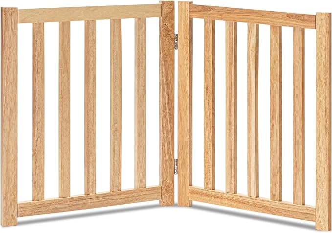 LZRS Wooden Free Standing Dog Gate 40" W x 24" H, Foldable Solid Hardwood Pet Safety Fence for House Doorways, Stairs, Hallways, Step-Over Pet Barrier, No Drill Easy Setup,Natural