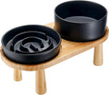 Ceramic Slow Feeder and Water Bowl Set for Medium and Large Dogs, 8.0 Inches Ceramic Dog Bowls Elevated with Wooden Stand, 2.0 Cups Dog Slow Feeder(30oz) and 70oz Water Bowl Set, Black