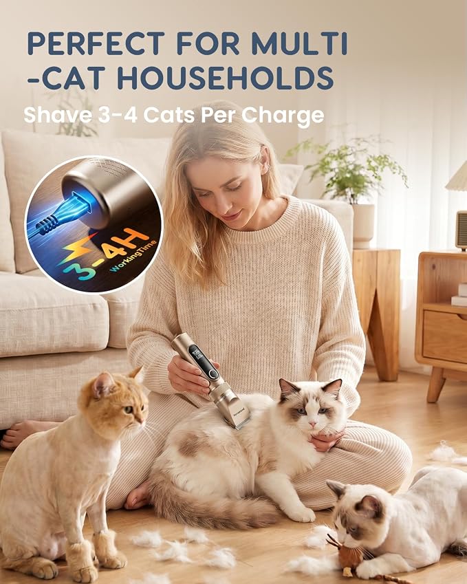 Cat Clippers for Matted Long Hair,Cordless Cat Grooming Kit | Low Noise,2 Speed,Rechargeable,4 Hours Long Battery Life,Removable Ceramic Blade,Cuts Thick Mats,For Cats and Pets