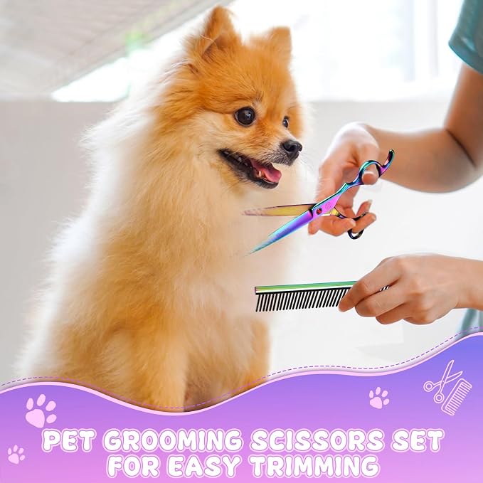 Professional Dog Grooming Scissors Set, 7 Inch/8 Inch Pet Grooming Scissors Chunkers Shears for Dog, Curved Dog Grooming Scissors, Thinning Shears for Dog with Grooming Comb | Pet Grooming Chunkers Shears for Dog, Curved Dog Grooming Scissors, Thinning...
