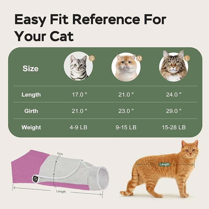 Cat Wrap for Cutting Nails, Self-Adhesive Cat Nail Clipping Restraint Bag, Anti-Scratch Cat Grooming Swaddle for Meds, SubQ Fluids, Ear Cleaning, Teeth Brushing & Vet Visits,Pinkish Purple,L