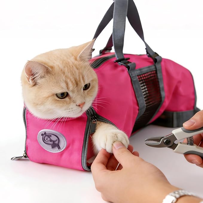 Cinf Cat Nail Clipping Cleaning Grooming Restraint Bag No Scratching Biting for Bathing Nail Trimming Injecting Examining(Rose Red,M)