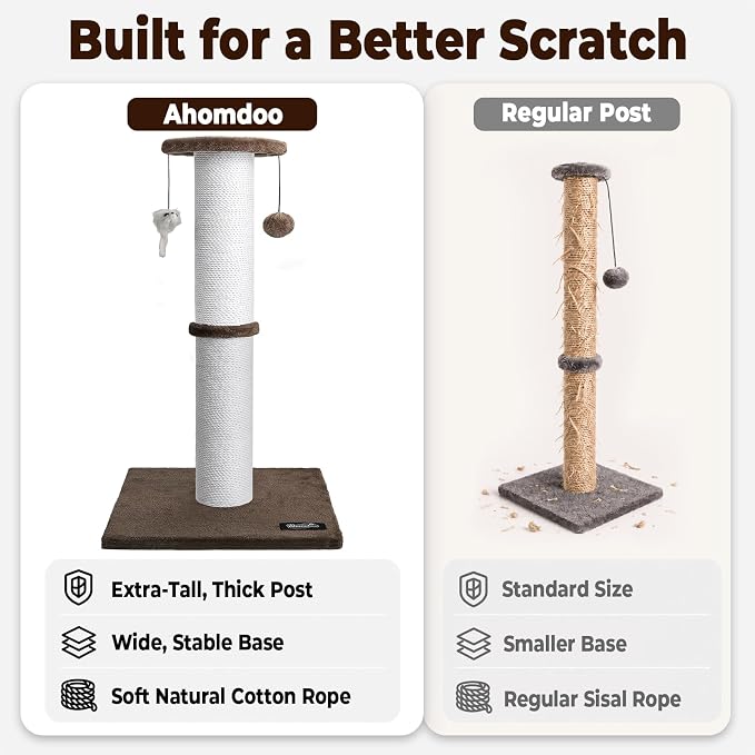34-Inch Tall Cat Scratching Post for Large Cats, Stable Base, Brown | Heavy-Duty Cat Scratcher, Extra-Tall Thick Post, Soft Natural Cotton Rope, Hanging Interactive Cat Toys, Indoor Cat Furniture