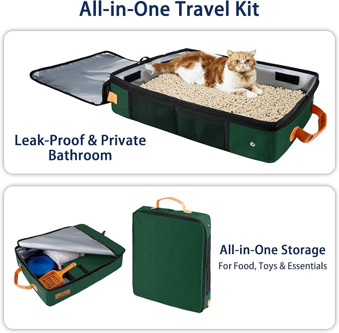 MORAIS Portable Travel Litter Box for Cats, 17.7"×13.5"×11" Collapsible Cat Litter Box with Lid, Leak-Proof Cat Litter Pan for Car Hotel Airplane, Waterproof & Easy to Carry- Green